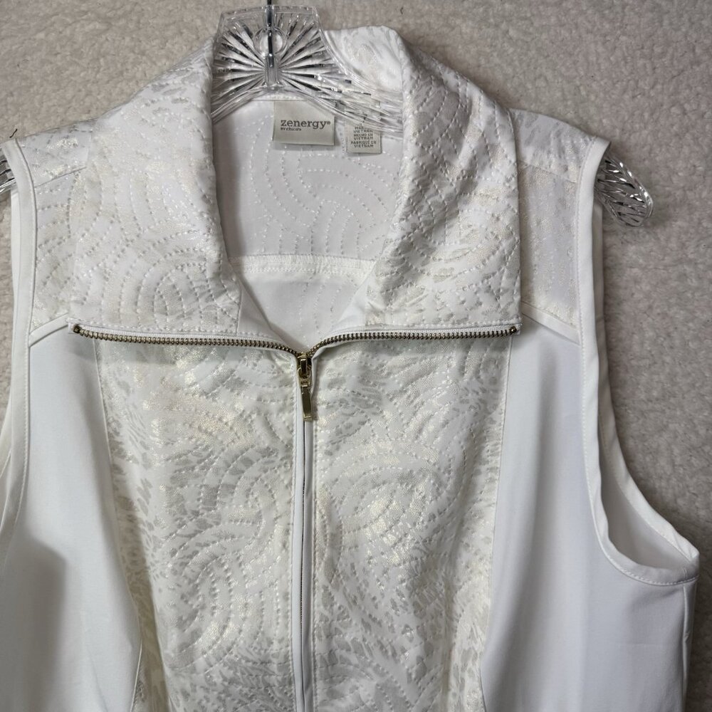 Z Energy By Chicos Vest White With Gold Shimmer Full Zip Women’s Size 1 Stretch